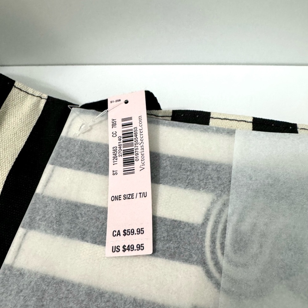 Victoria's Secret Logo Canvas Tote Bag & Wristlet - Black & White Stripes - Picture 7 of 8